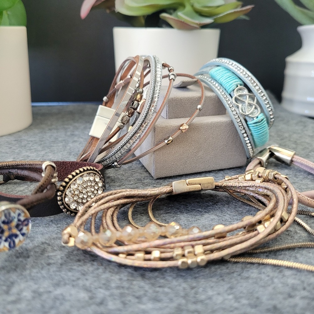 Boho Bracelet Lot 6 Mixed Multi Strand Rhinestone Cord Magnetic Clasp